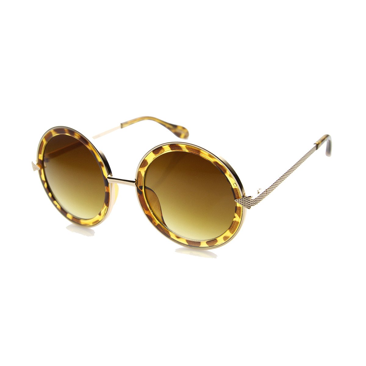 Womens High Fashion Metal Arrow Accent Super Round Sunglasses 9791 - Shiny Black-Gold / Amber