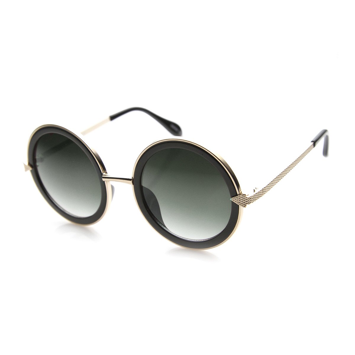 Womens High Fashion Metal Arrow Accent Super Round Sunglasses 9791 - Shiny Black-Gold / Amber