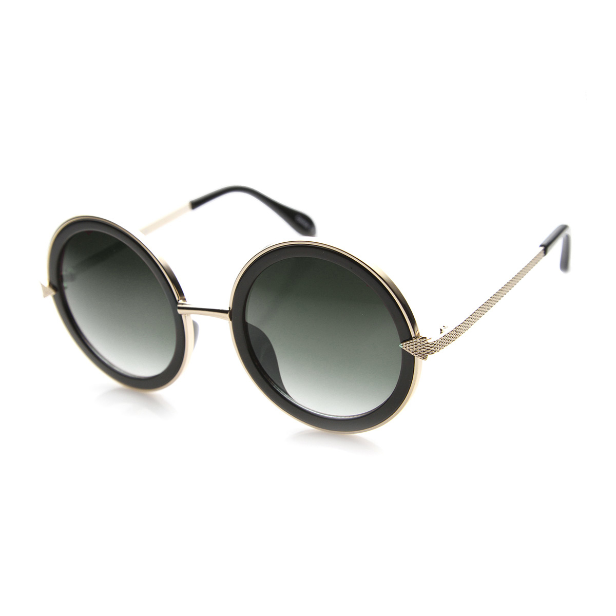 Womens High Fashion Metal Arrow Accent Super Round Sunglasses 9791 - Matte Black-Black / Green