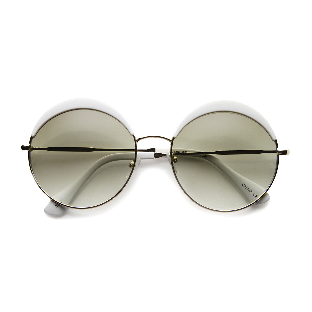 Womens Oversized Full Metal Frame Eyelid Half Brow Super Round Sunglasses 9789 - Black-Silver / Grey-Fade