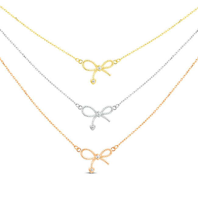 Sterling Silver Tri-Color, 3-Strand CZ Bow Necklace