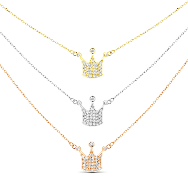 Sterling Silver Tri-Color, 3-Strand CZ Crown Necklace