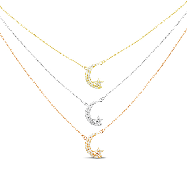 Sterling Silver Tri-Color, 3-Strand CZ Moon Necklace