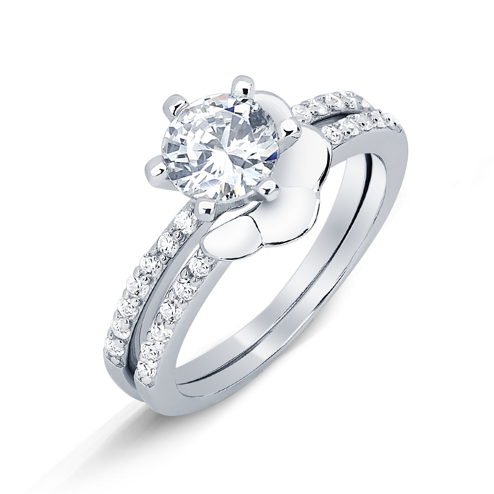 Sterling Silver CZ Interlocking Flower Engagement Ring Set - Size 8