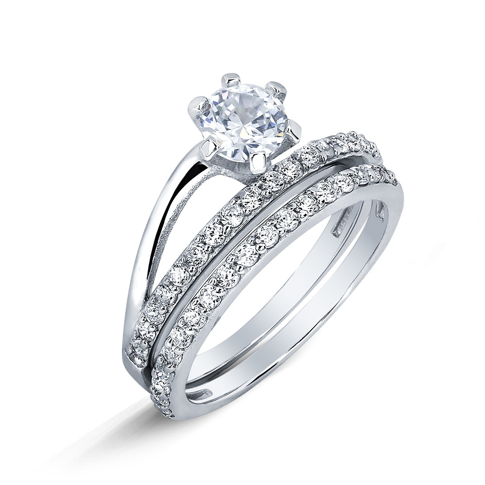 Sterling Silver CZ Double Row Engagement Ring Set - Size 6