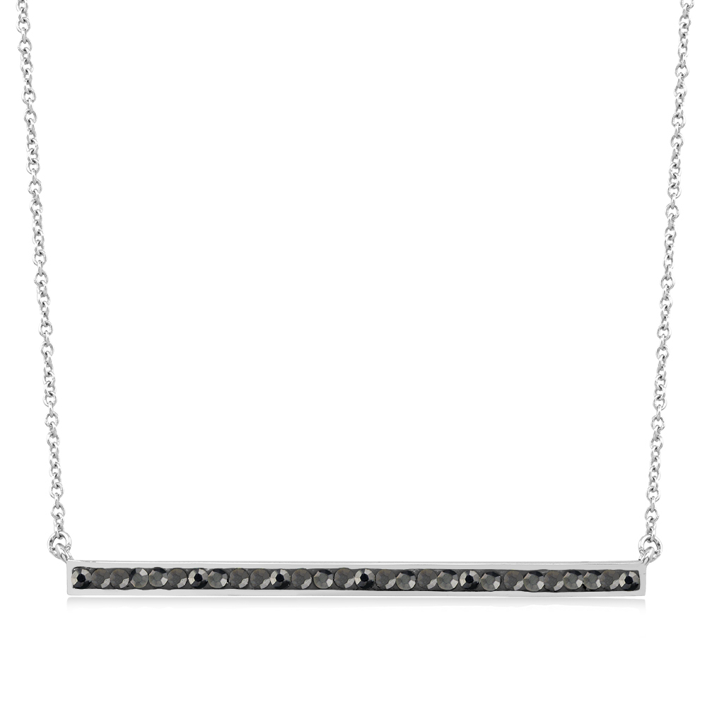Rhodium Plated Jet Black Crystal Bar Necklace - Silver