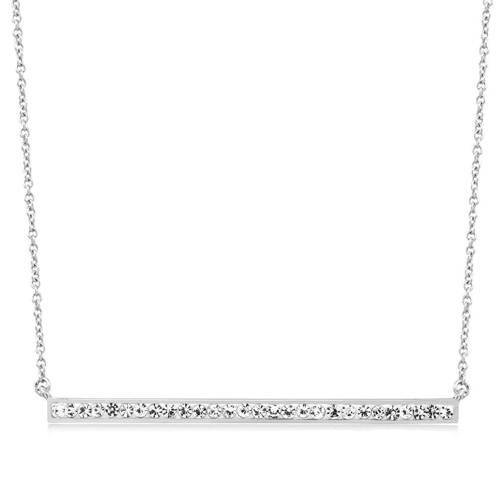 Rhodium Plated Jet Black Crystal Bar Necklace - Silver