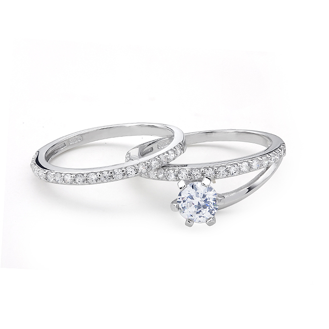 2 Piece Set-Sterling Silver Cubic Zirconia Ring Set - 6