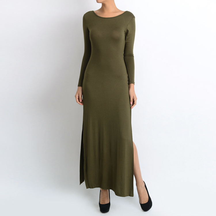 BASIC Long Sleeve Bodycon Maxi Dress - Wine, Small (0-4)