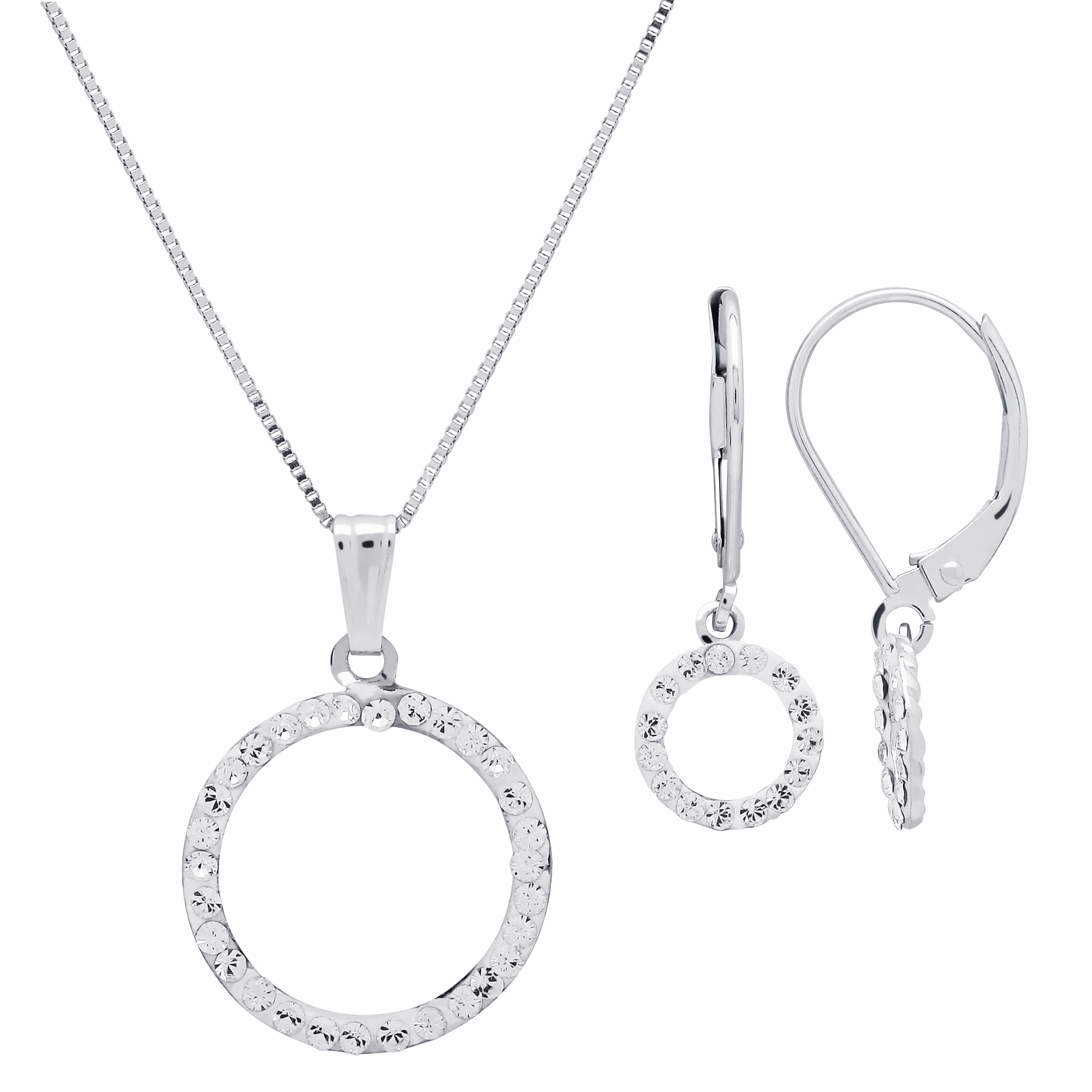 Rhodium Plated Open Circle Crystal Necklace And Earrings Set
