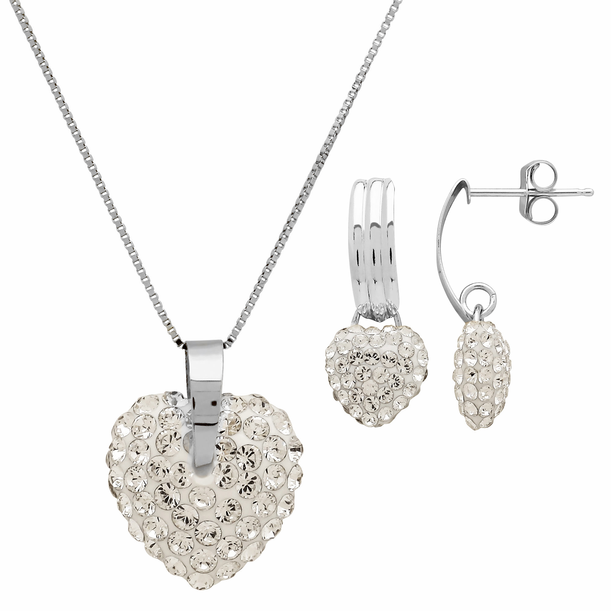 Rhodium Plated Crystal Puffed Heart Necklace And Earrings Set