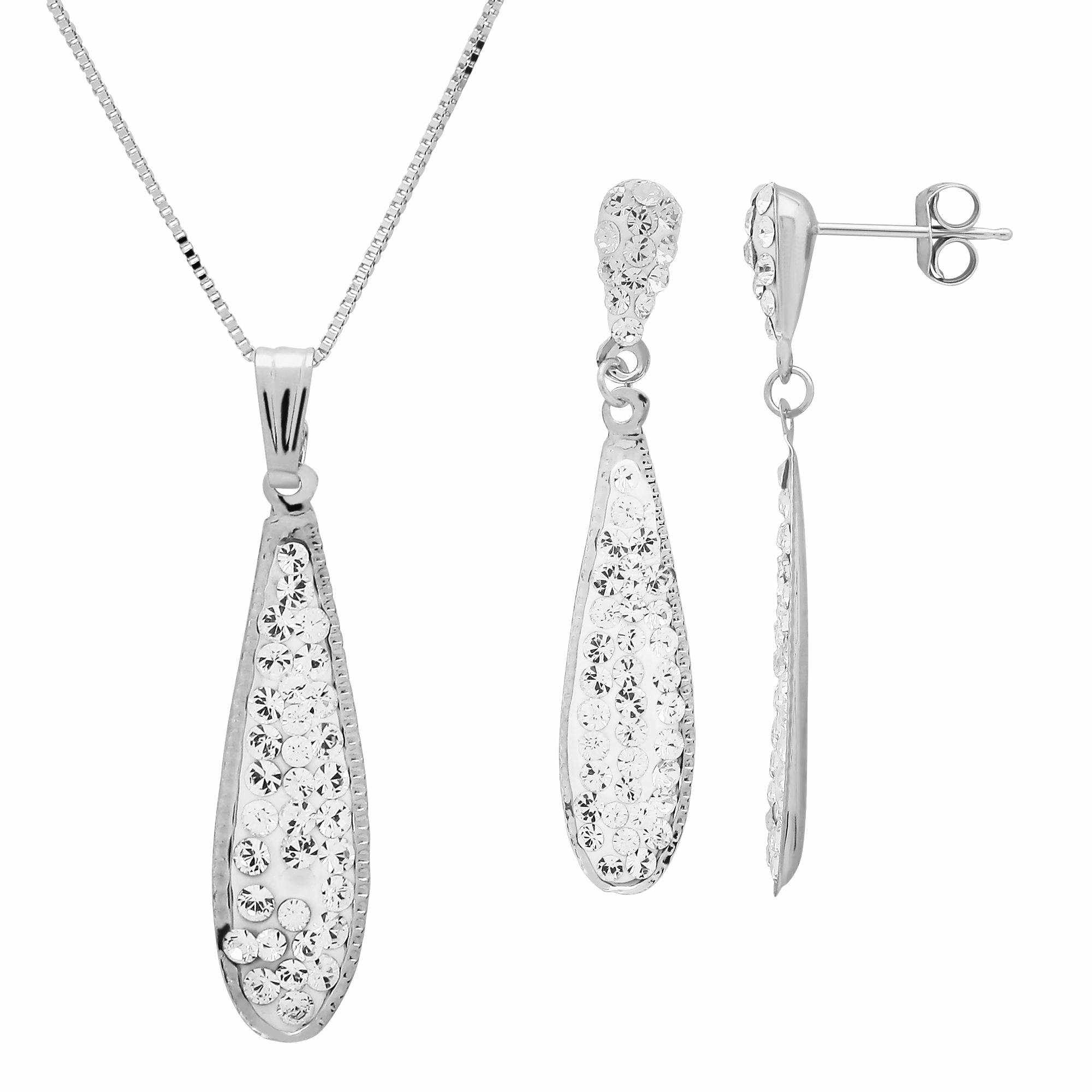 Rhodium Plated Long Teardrop Crystal Necklace And Earrings Set