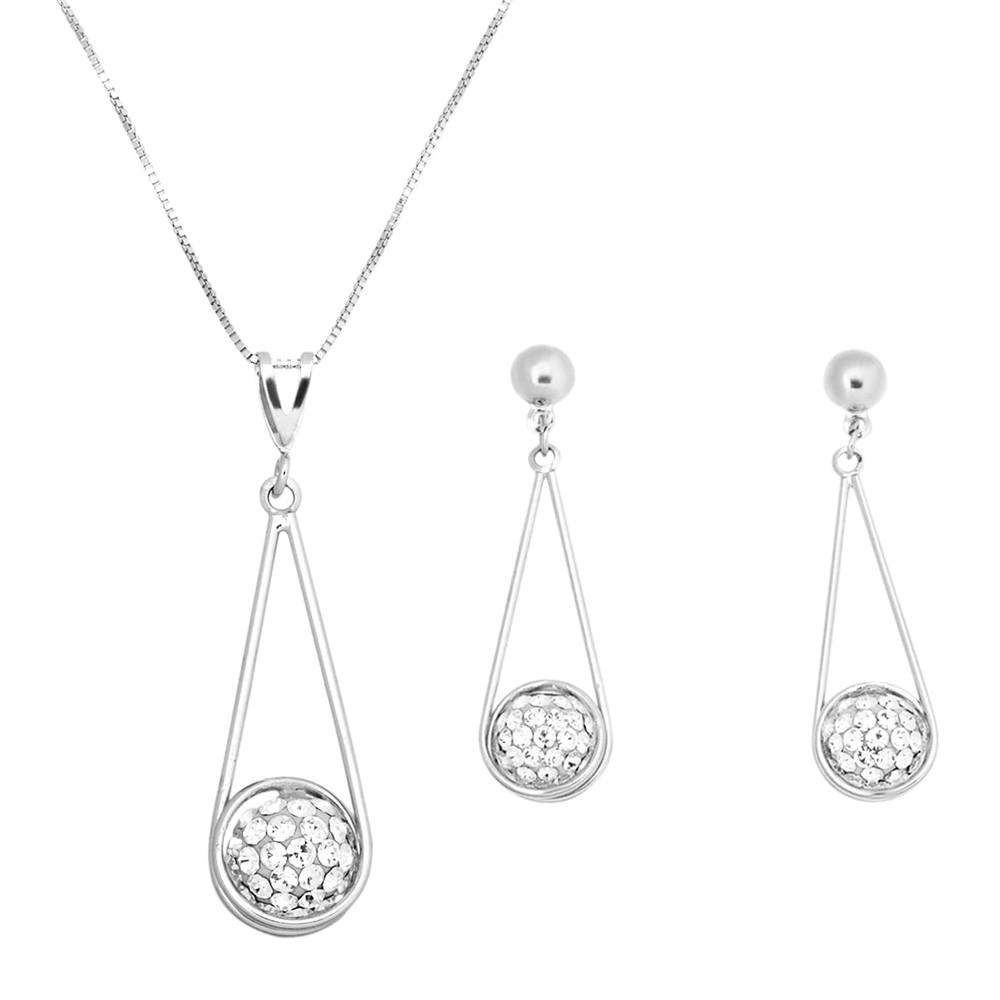 Rhodium Plated Wire Teardrop Crystal Ball Necklace And Earrings Set