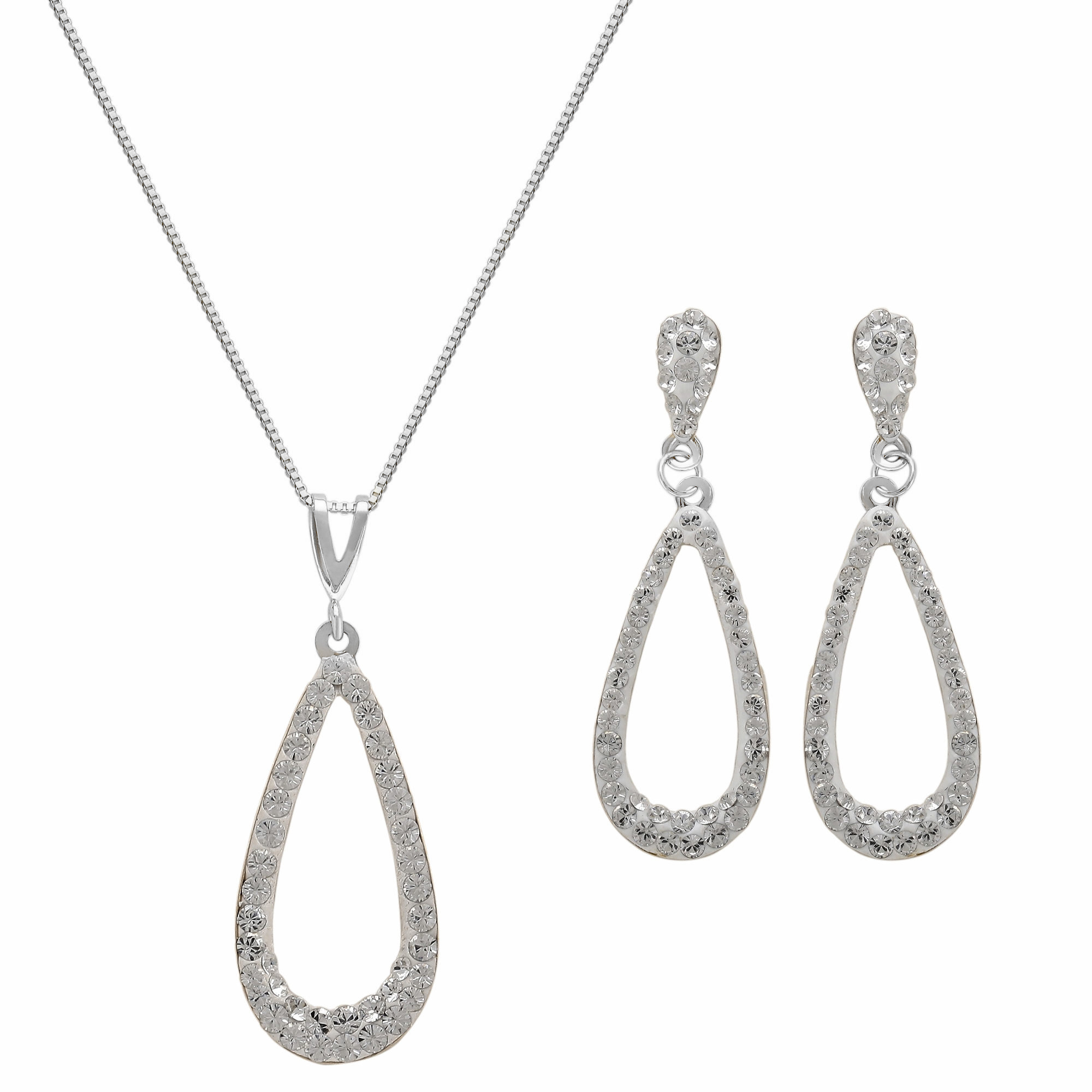 Rhodium Plated Long Open Teardrop Crystal Necklace And Earrings Set