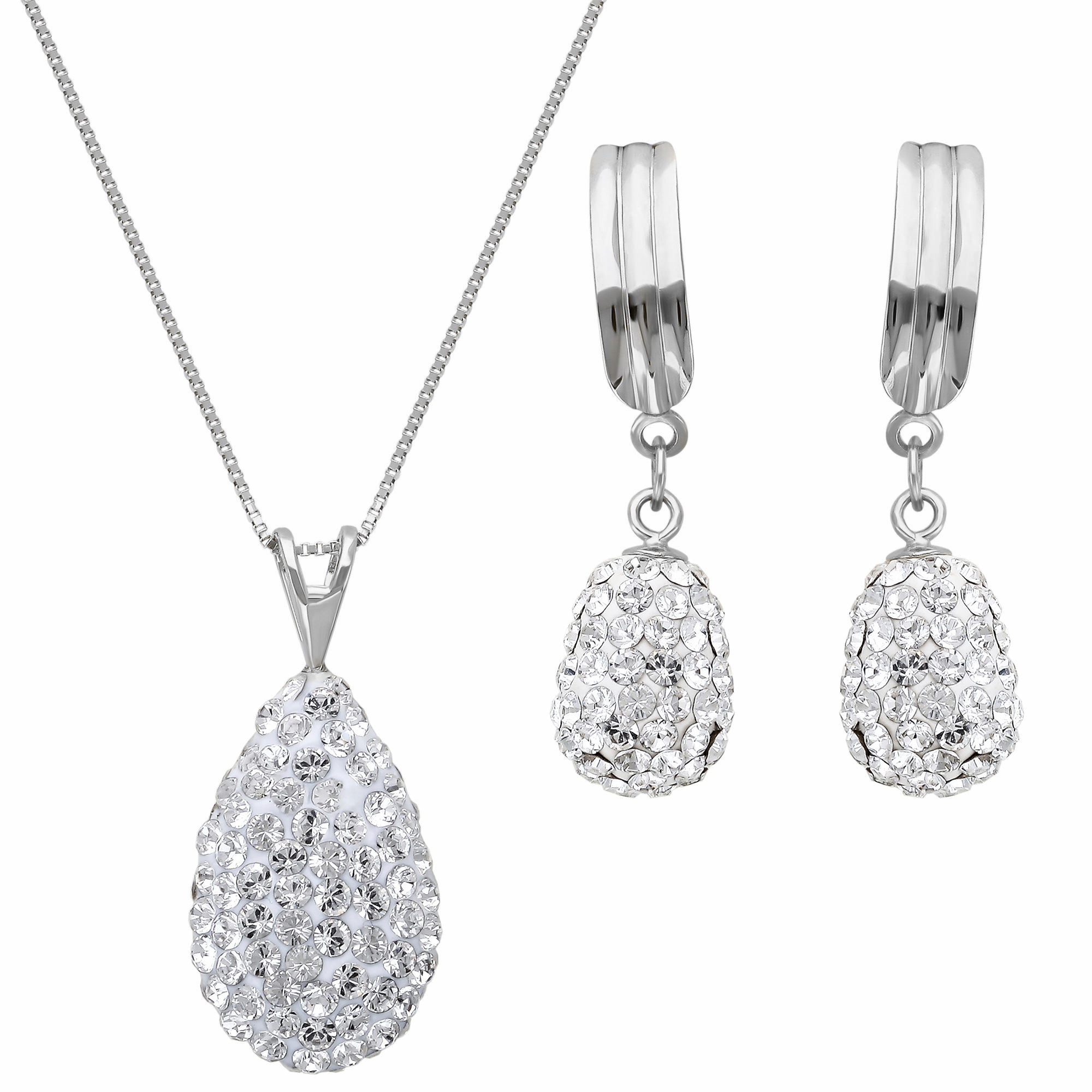 Rhodium Plated Puffed Teardrop Crystal Necklace And Earrings Set