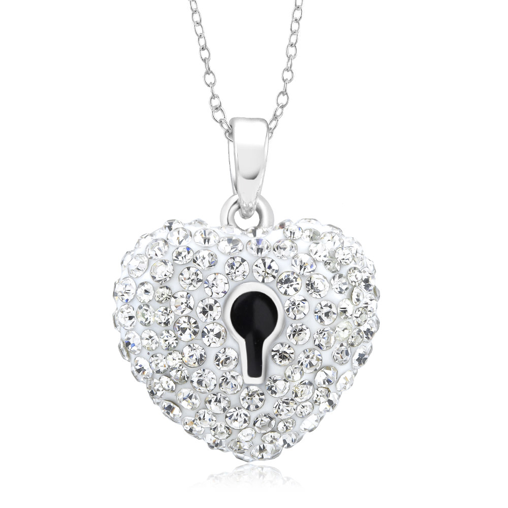 White Gold Crystal Heart Lock Necklace