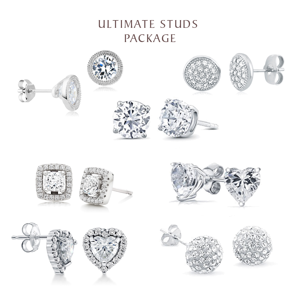 7 Pair Collection Of White Gold + CZ Stud Earrings