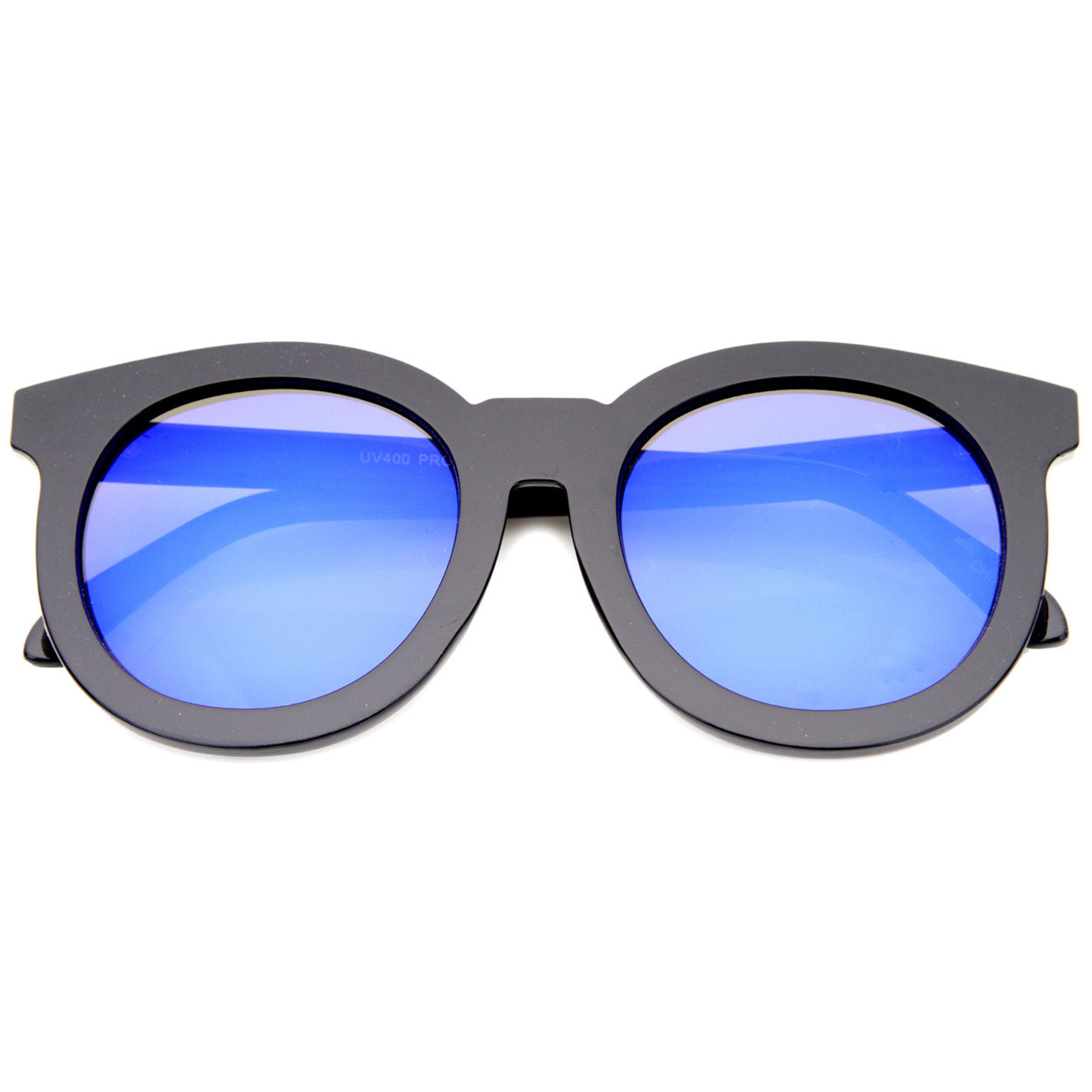 Women's Fashion Oversized Flash Mirrored Flat Lens Round Sunglasses 64mm - Shiny Black-Silver / Blue Mirror