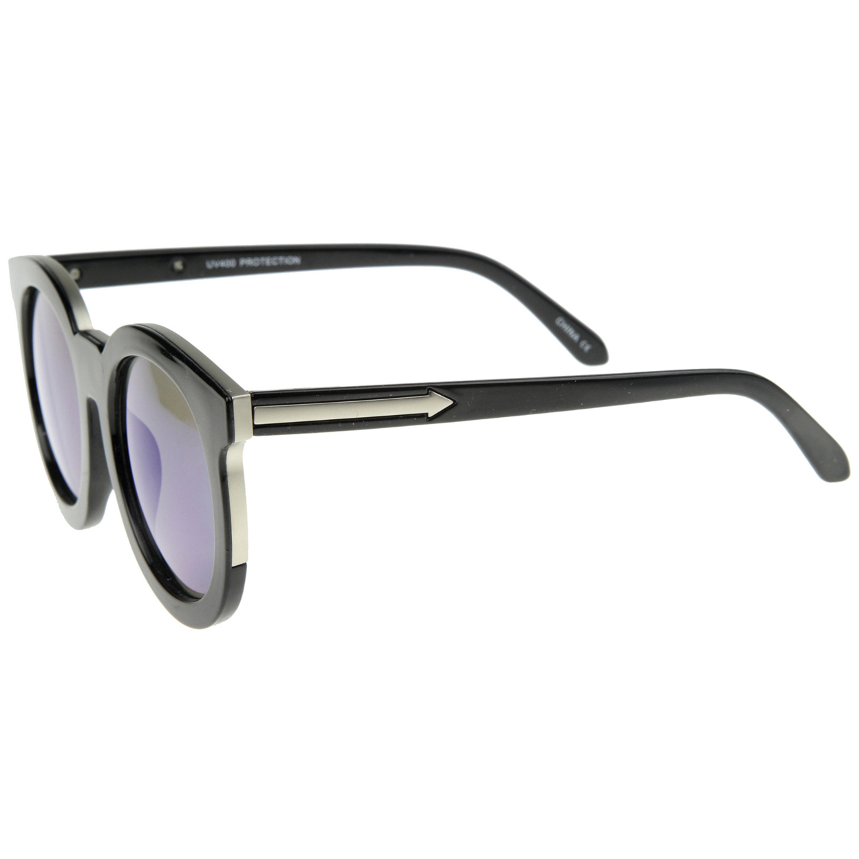 Women's Fashion Oversized Flash Mirrored Flat Lens Round Sunglasses 64mm - Shiny Black-Silver / Blue Mirror