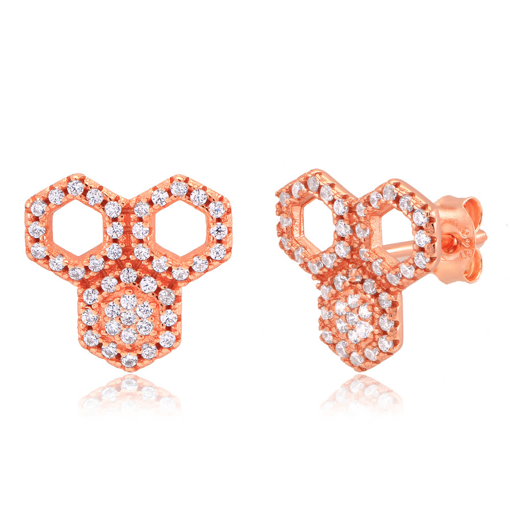 Sterling Silver Rose Gold Plated Honeycomb CZ Stud Earrings