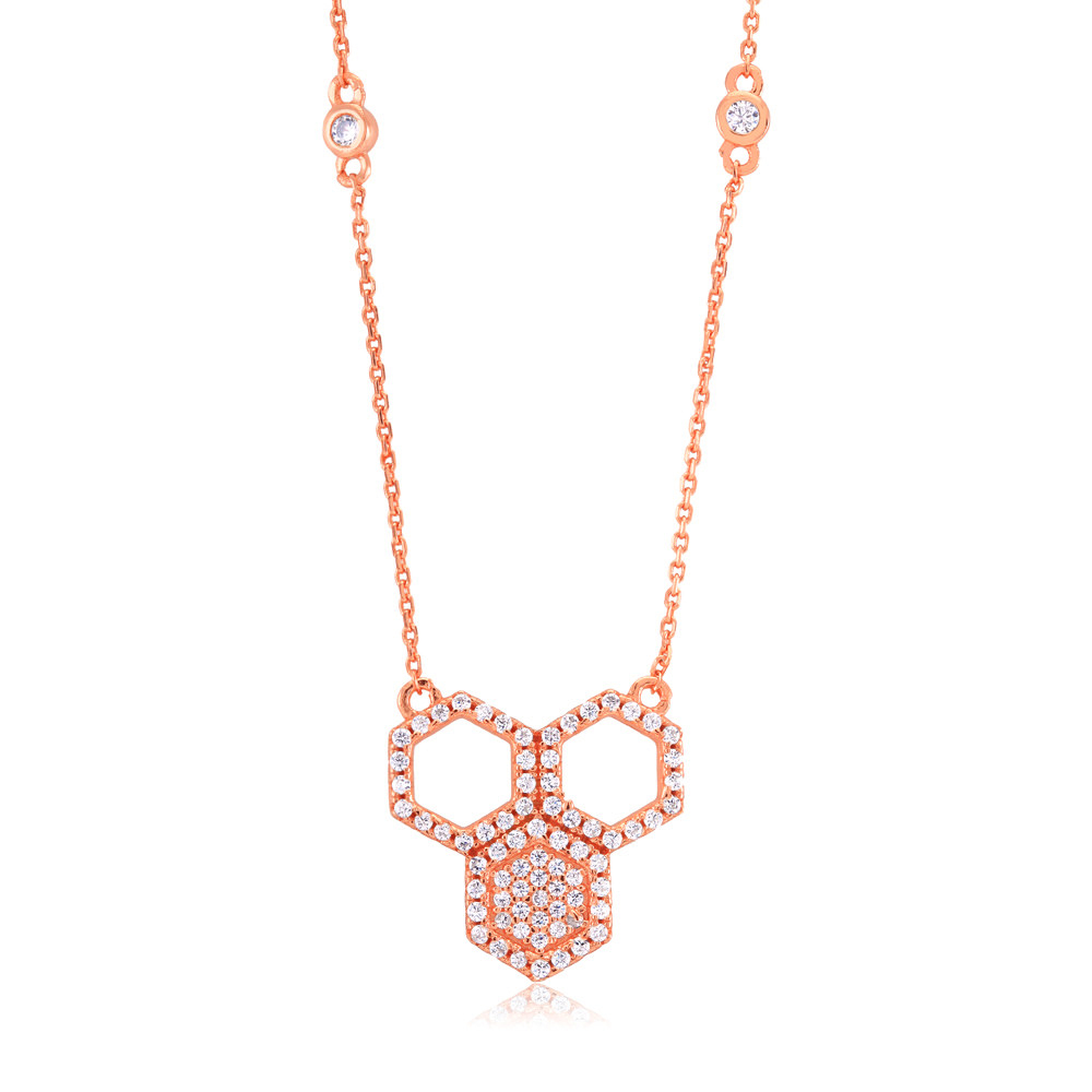 Sterling Silver Rose Gold Plated Honeycomb CZ Necklace