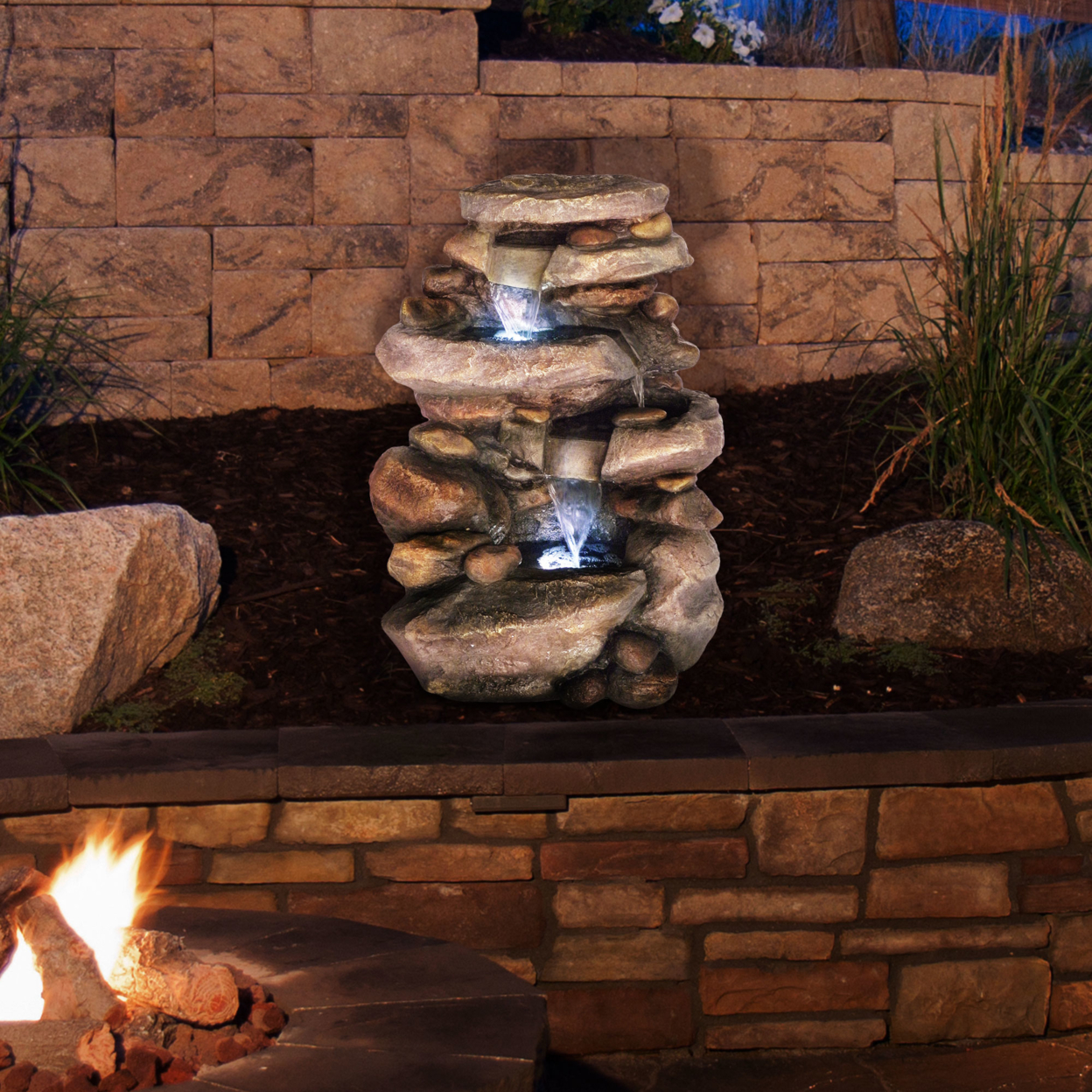 Stone Waterfall Fountain With LED Lights Faux Rock Zen Patio Garden Decor With Pump