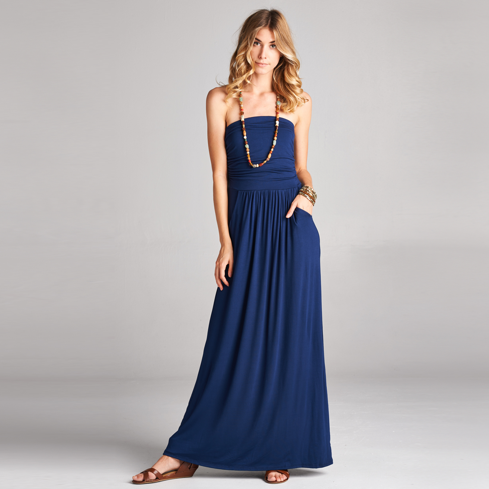Atlantis Strapless Maxi Dress With Pockets In 6 Colors - Navy, Large (12-14)