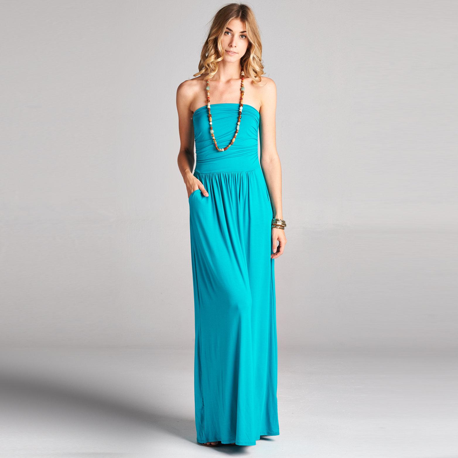 Atlantis Strapless Maxi Dress With Pockets In 6 Colors - Teal, Small (4-6)