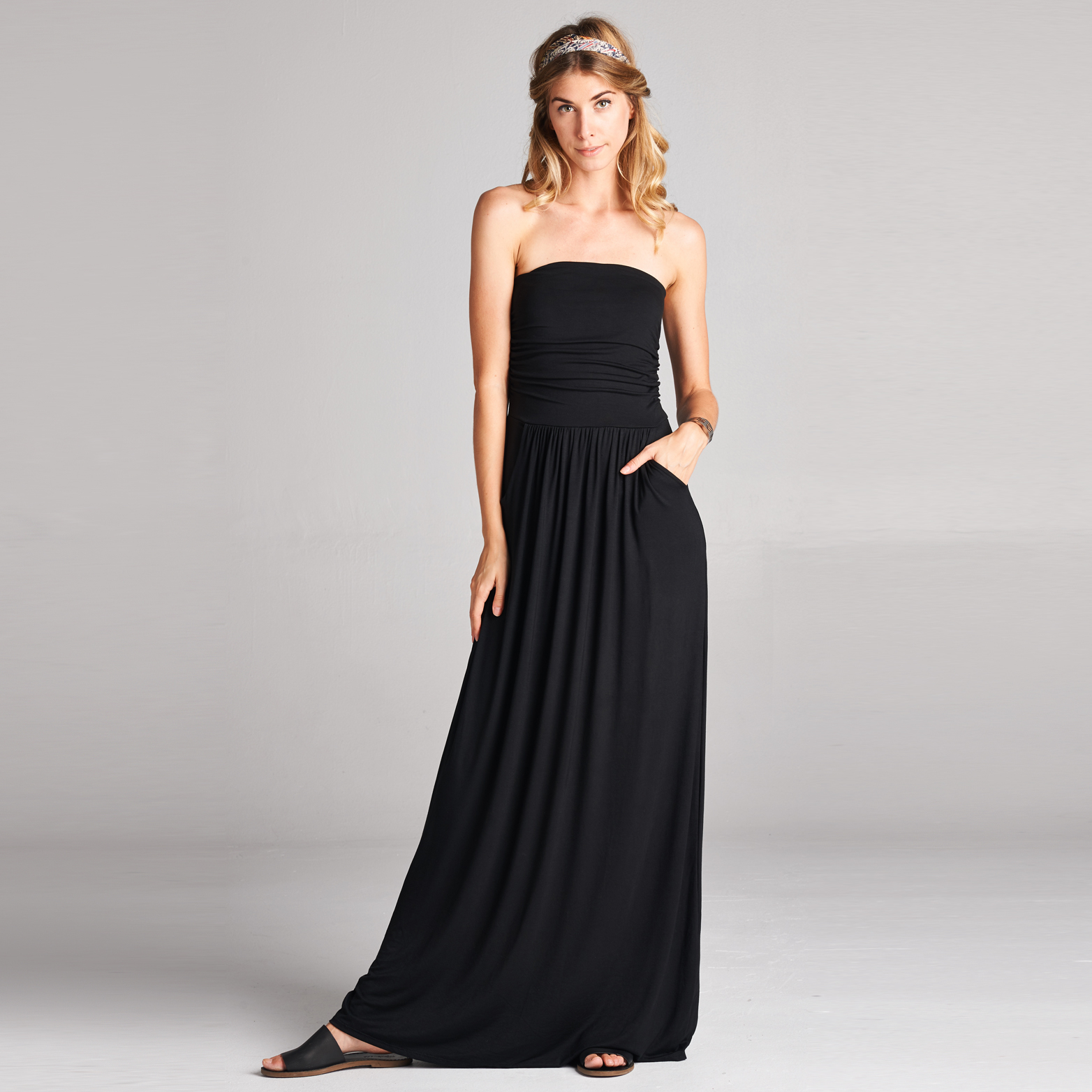Atlantis Strapless Maxi Dress With Pockets In 6 Colors - Black, Small (4-6)