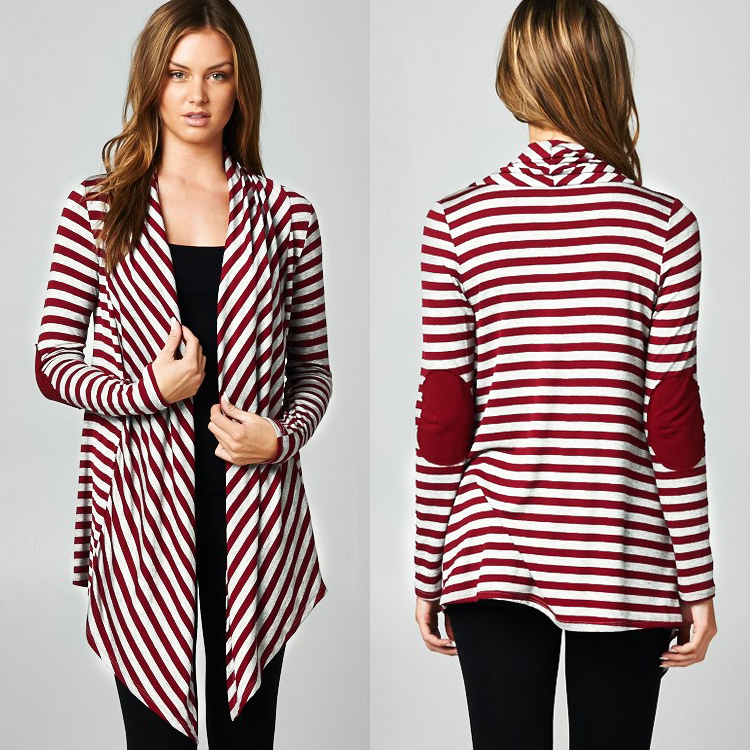 Striped Cardigan W/Elbow Patches - Off White/Burgundy, M (8-10)