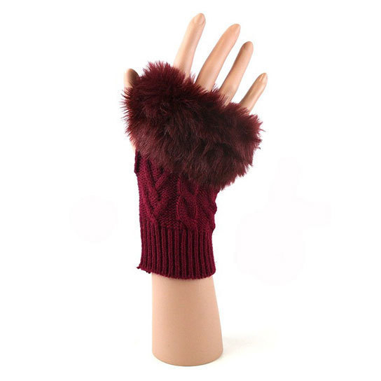 Fingerless Cable Knit Gloves - Burgundy