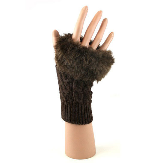 Fingerless Cable Knit Gloves - Brown