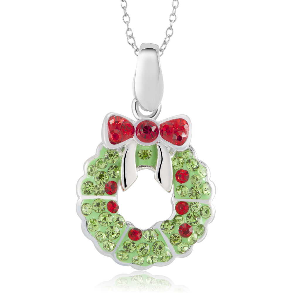 White Gold Crystal Holiday Necklace - Christmas Tree
