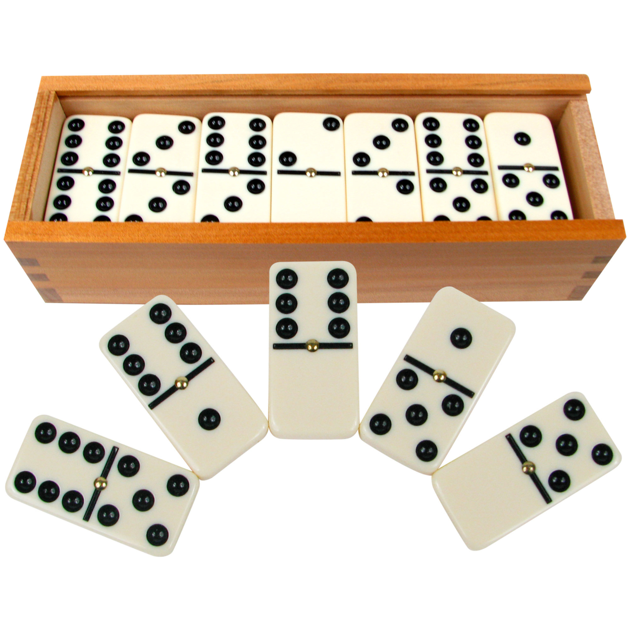 Premium Set Of 28 Double Six Dominoes W/ Wood Case With Pips For Easy Flips