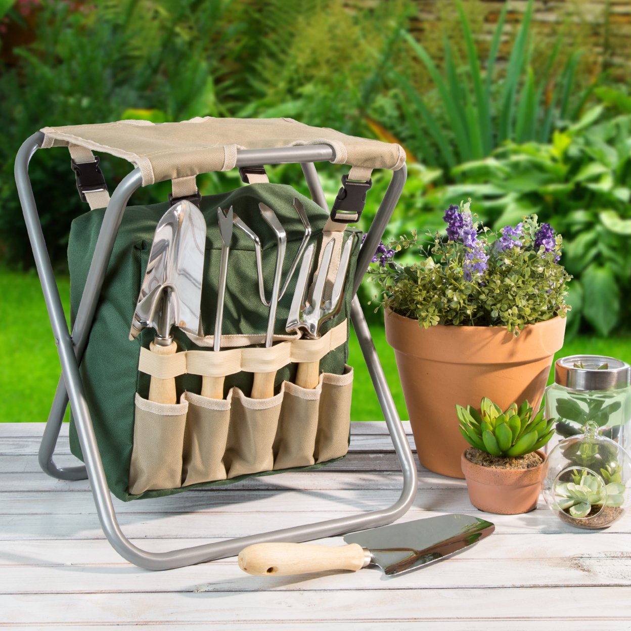 Pure Garden Folding Garden Stool With Tool Bag And 5 Tools Makes Yard Work And Gardening Easy On Your Knees