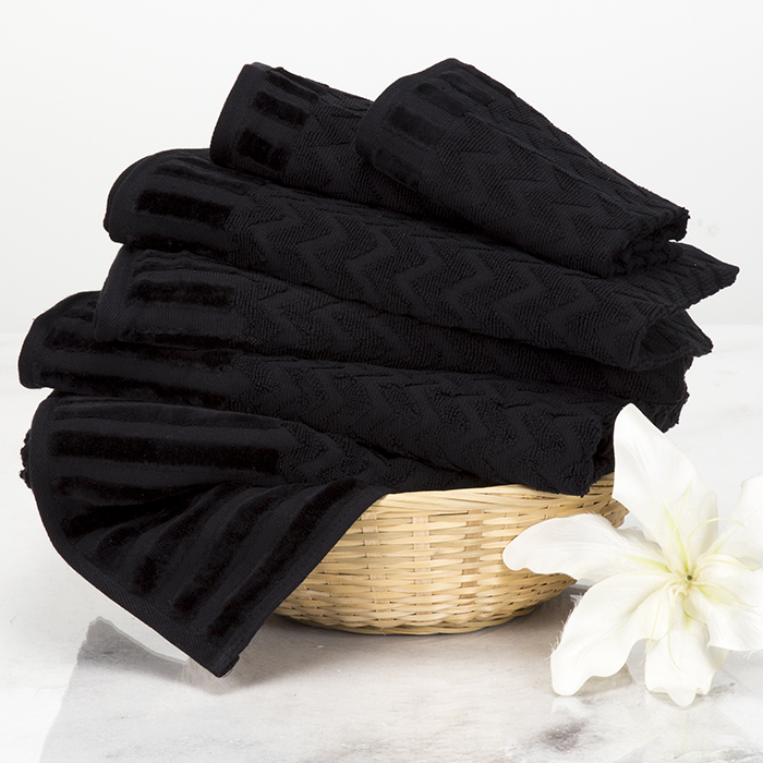 6 Pc Black Cotton Deluxe Plush Bath Towel Set – Chevron Patterned Plush Sculpted Spa Luxury Decorative Body, Hand And Face Towels