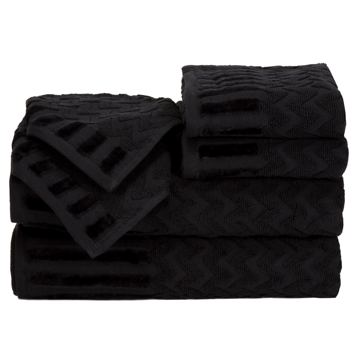 6 Pc Black Cotton Deluxe Plush Bath Towel Set – Chevron Patterned Plush Sculpted Spa Luxury Decorative Body, Hand And Face Towels
