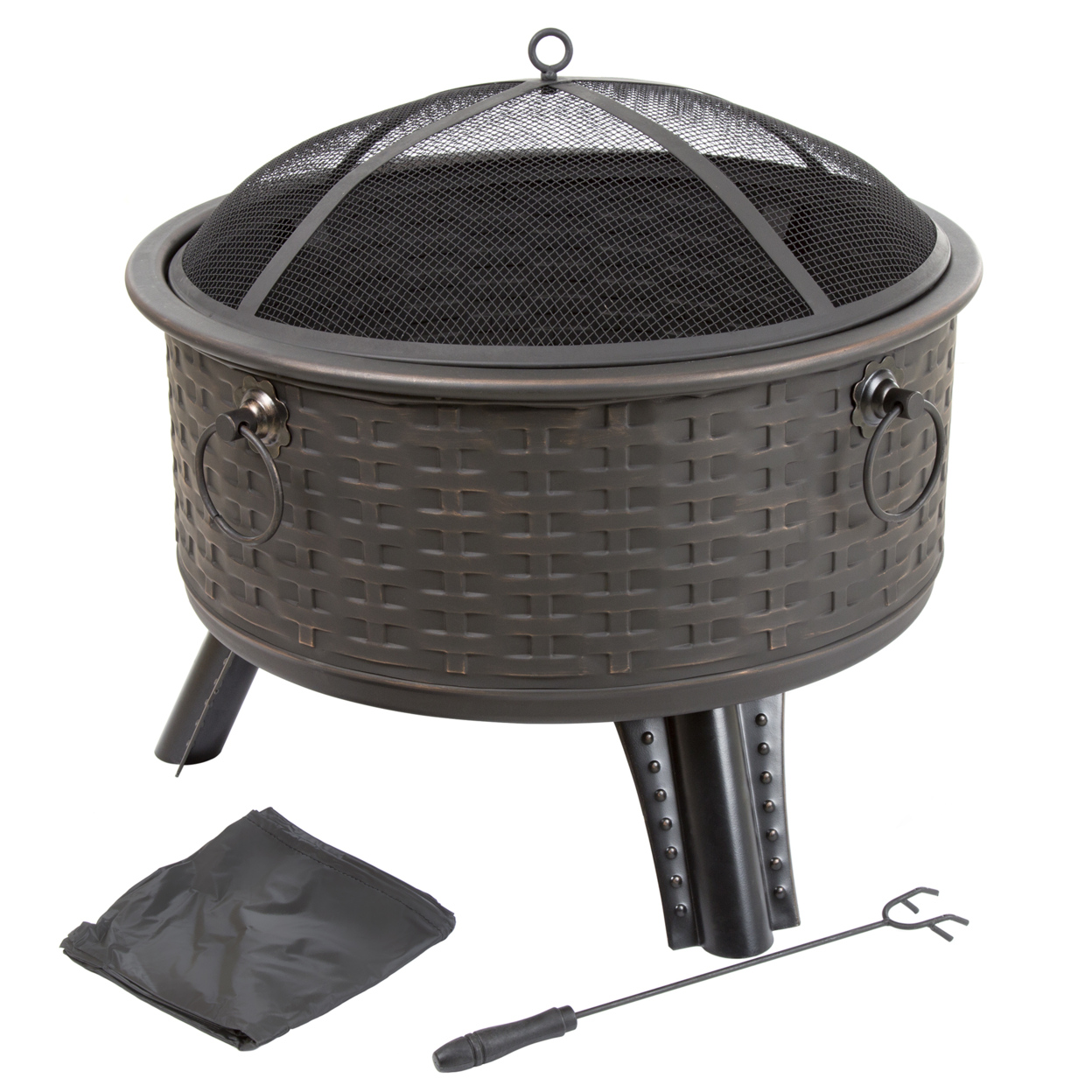 Pure Garden 26 Round Woven Metal Fire Pit With Cover - Antique Bronze