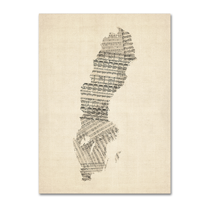 Michael Tompsett 'Old Sheet Music Map Of Sweden' 14 X 19 Canvas Art