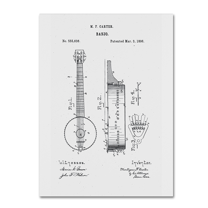 Claire Doherty 'Vintage Banjo Patent 1896 White' 14 X 19 Canvas Art