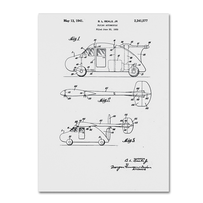 Claire Doherty 'Flying Car Patent 1941 White' 14 X 19 Canvas Art