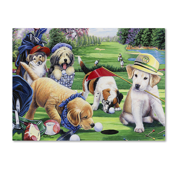 Jenny Newland 'Golfing Puppies' 14 X 19 Canvas Art