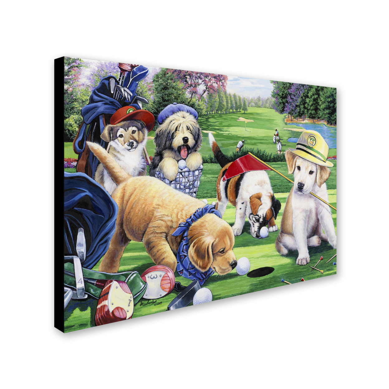 Jenny Newland 'Golfing Puppies' 14 X 19 Canvas Art