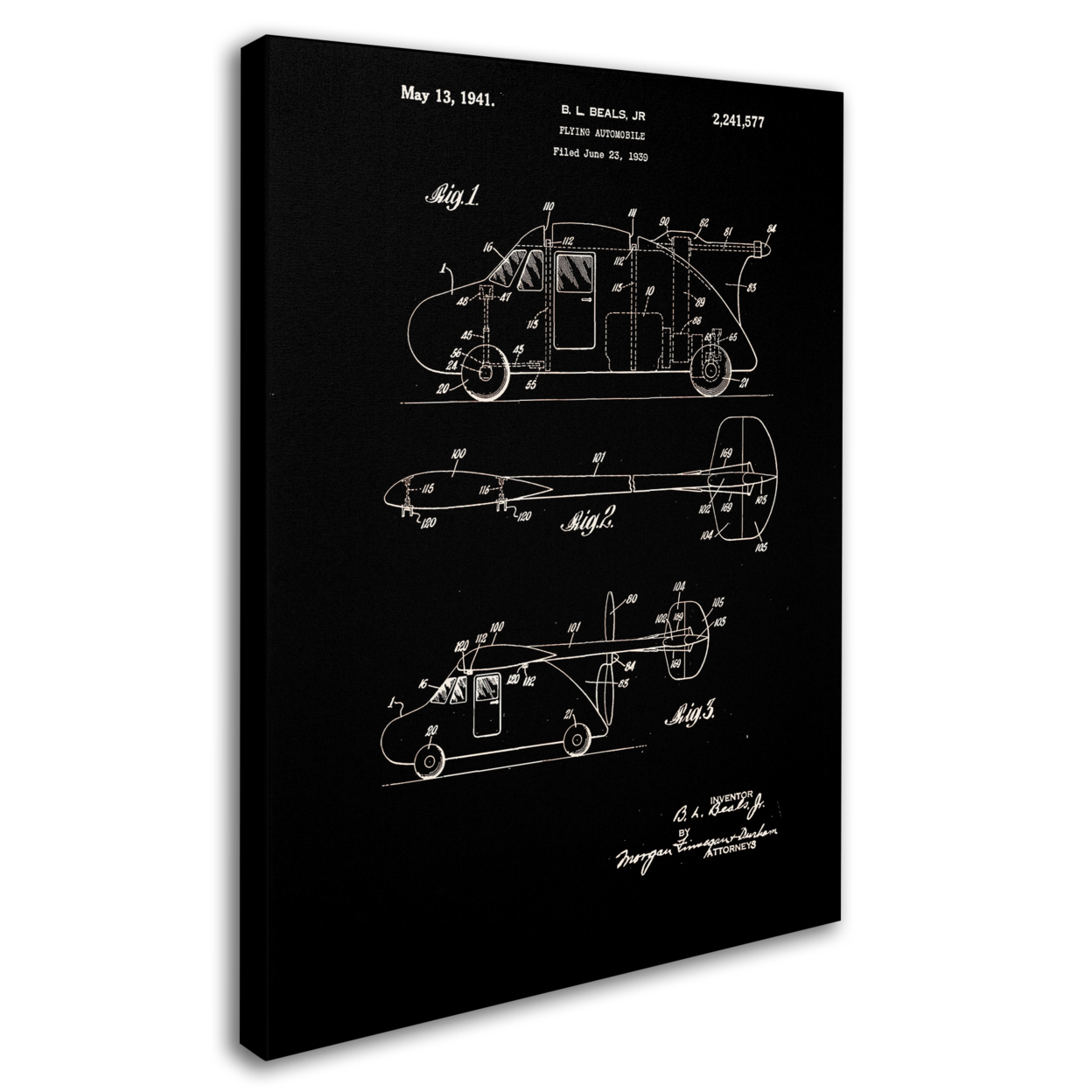 Claire Doherty 'Flying Car Patent 1941 Black' 14 X 19 Canvas Art