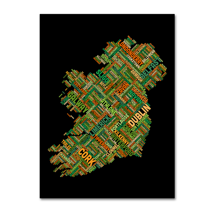 Michael Tompsett 'Ireland Eire City Text Map' 14 X 19 Canvas Art