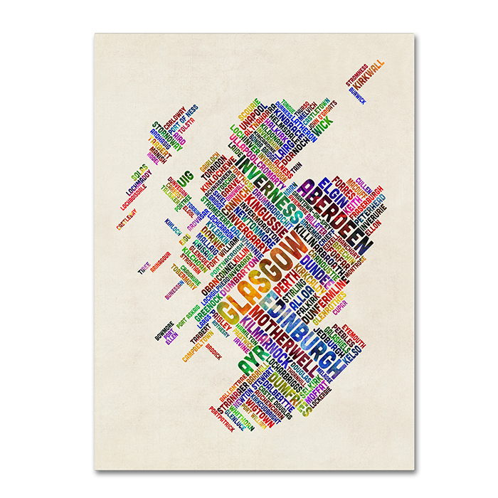Michael Tompsett 'Scotland Typography Text Map 4' 14 X 19 Canvas Art