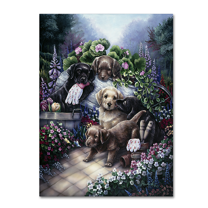 Jenny Newland 'Gardening Puppies' 14 X 19 Canvas Art