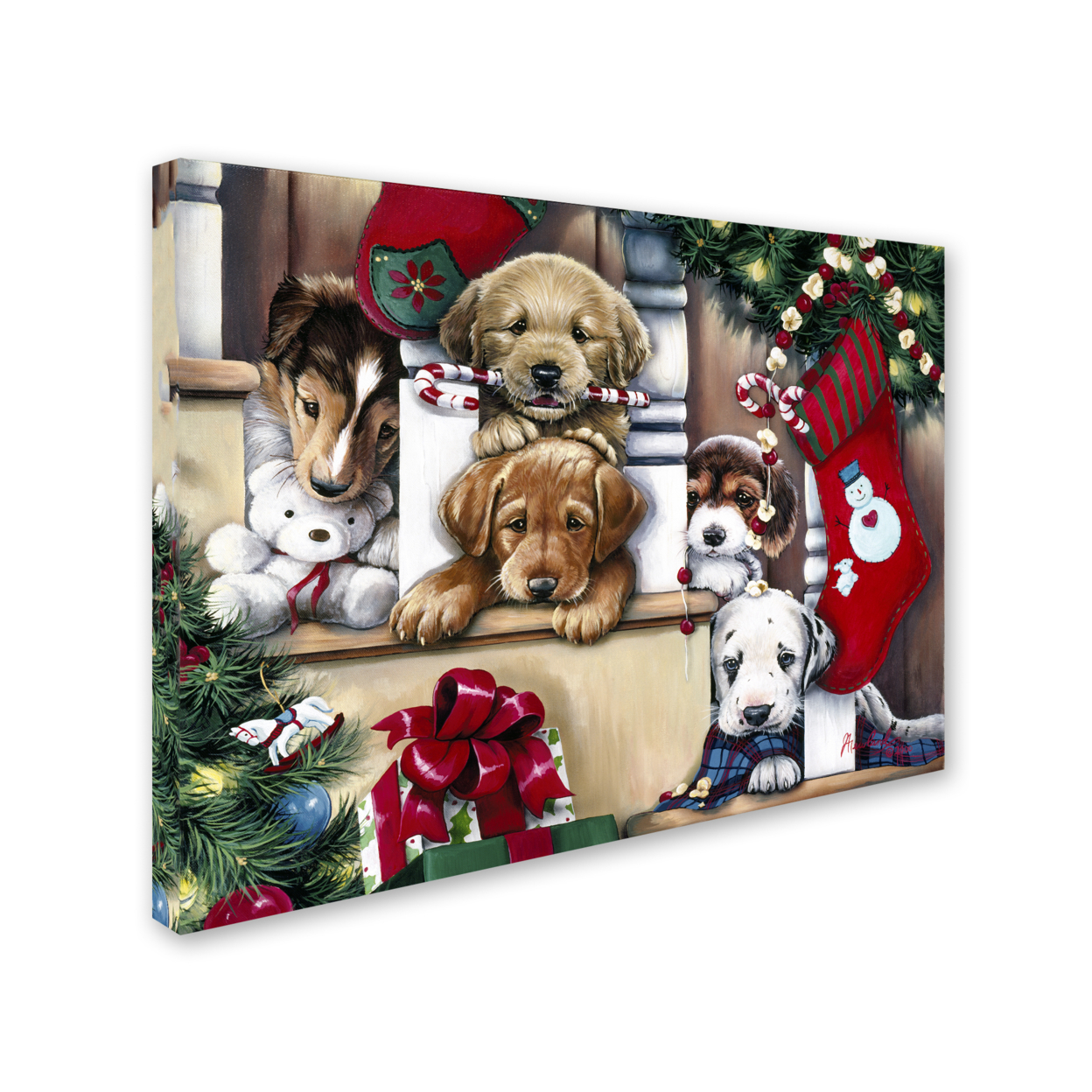 Jenny Newland 'Christmas Puppies On The Loose' 14 X 19 Canvas Art