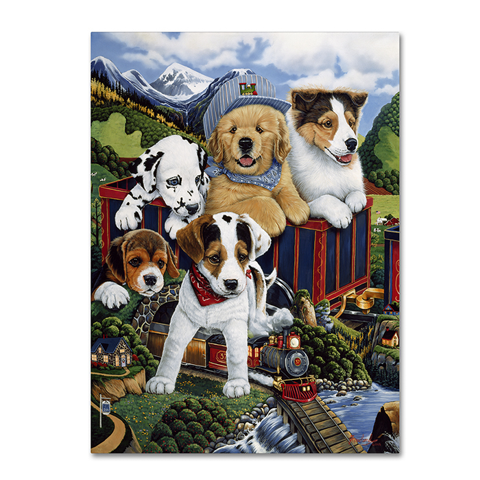 Jenny Newland 'Choo Choo Puppies' 14 X 19 Canvas Art