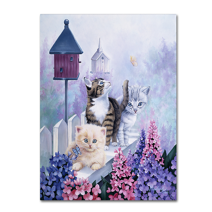 Jenny Newland 'Cats In Front Of The Birdfeeder' 14 X 19 Canvas Art